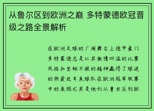 从鲁尔区到欧洲之巅 多特蒙德欧冠晋级之路全景解析